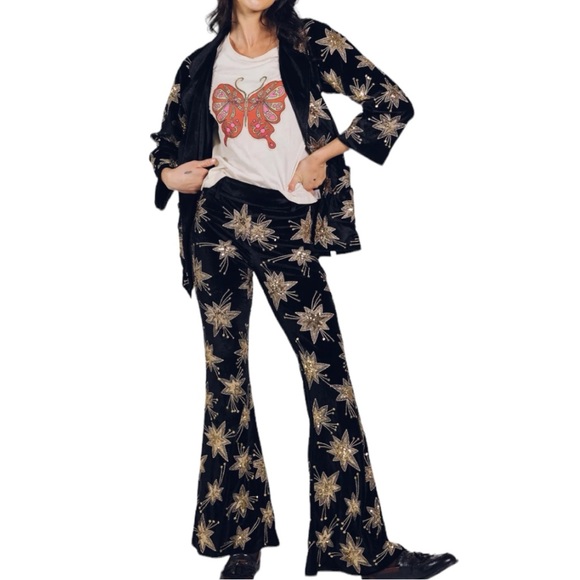 New LENNI x Free People XS Black Sequin Star Embroidered 2-Pc Jacket & Pant Set - Picture 7 of 15